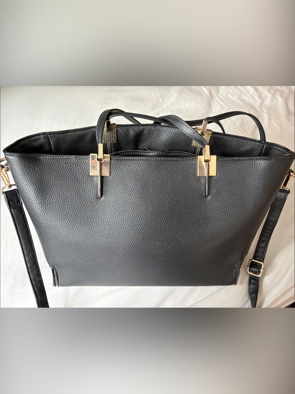 Black Pebbled Leather Tote with Gold Hardware